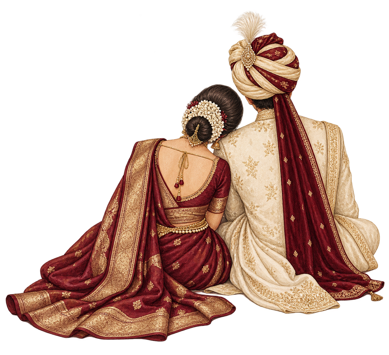 Illustrated bride and groom in traditional Marathi and Rajasthani wedding attire
