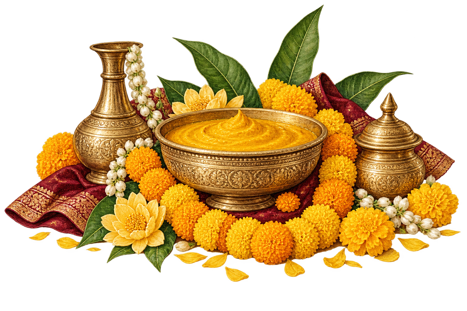 Brass turmeric bowl and marigold flowers