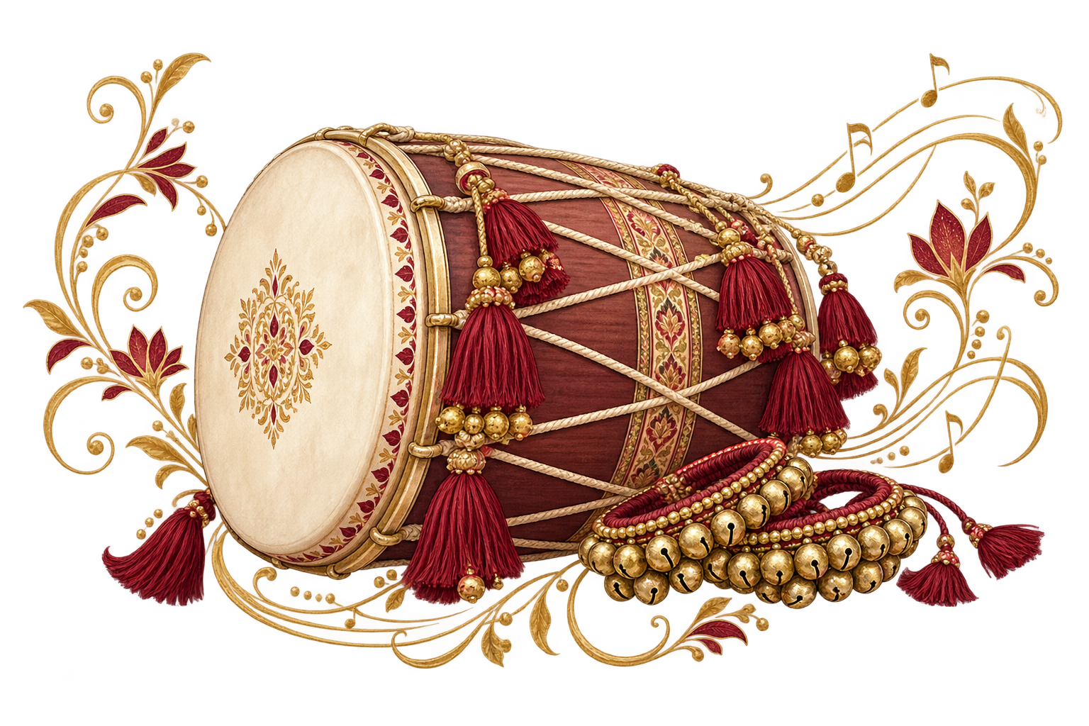 Decorated dhol and ghungroo