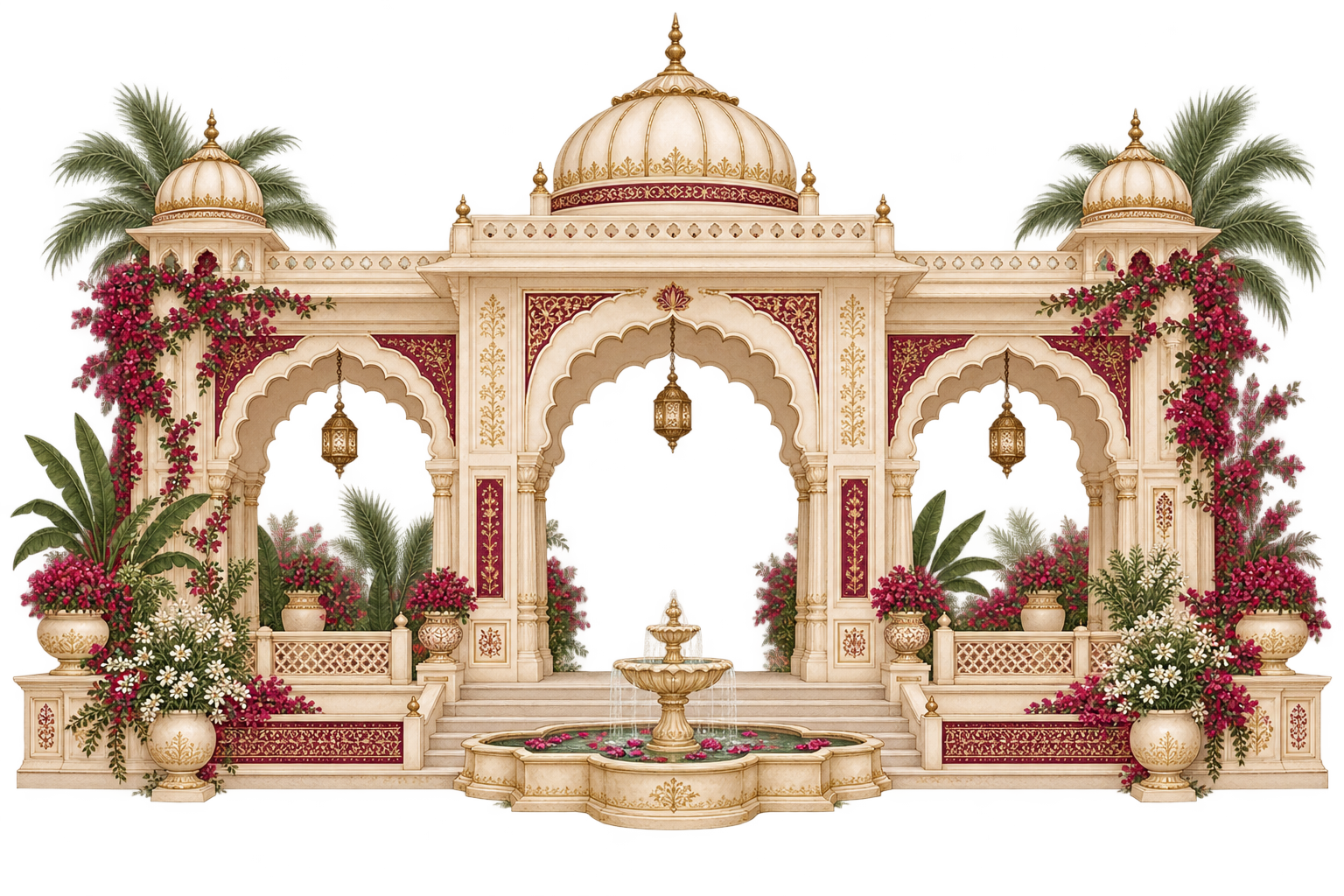 Decorative illustration of an Indian courtyard, not the confirmed venue