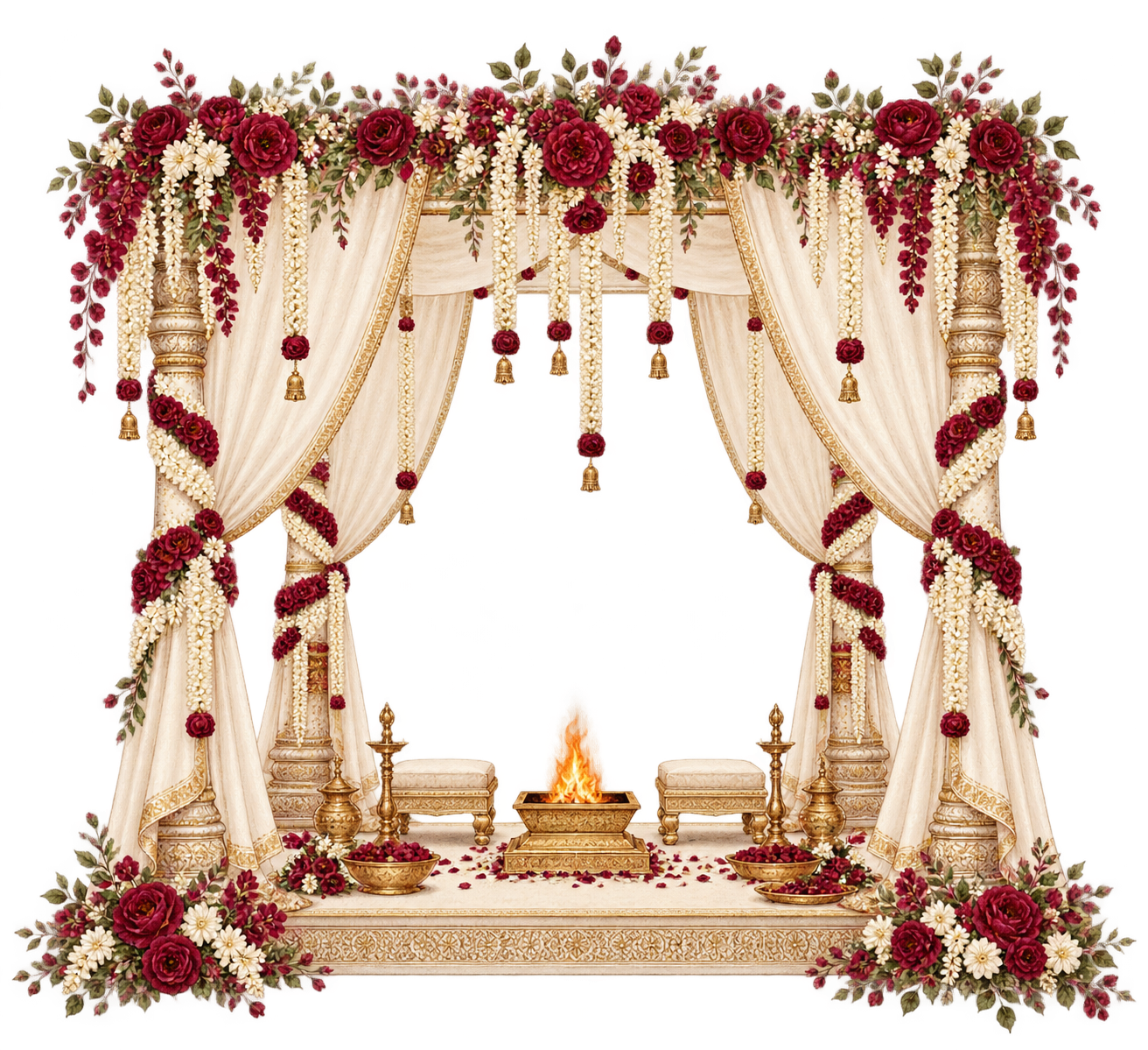 Floral wedding mandap with a sacred fire